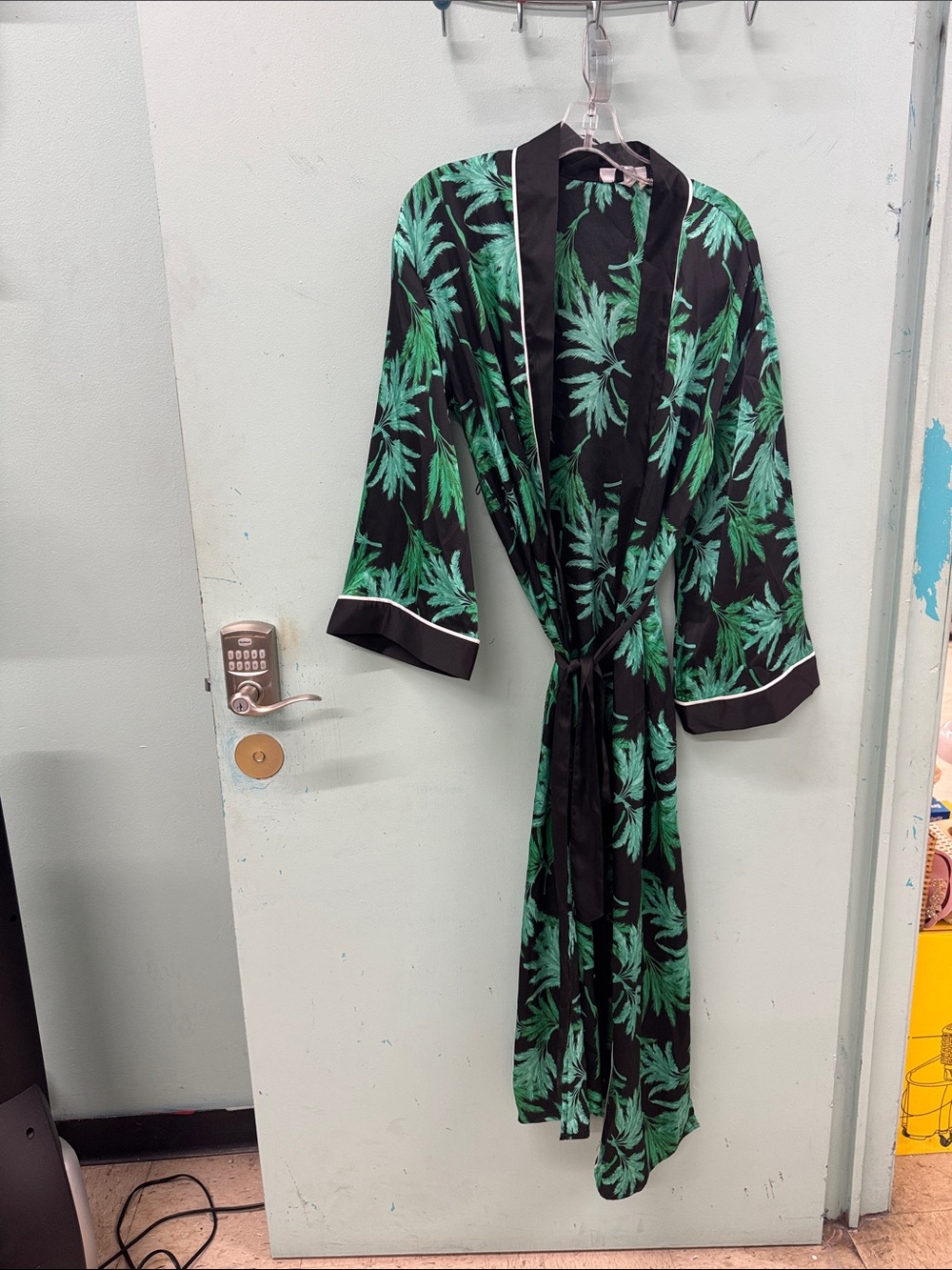 Green Palm Print Satin Robe with Black Trim